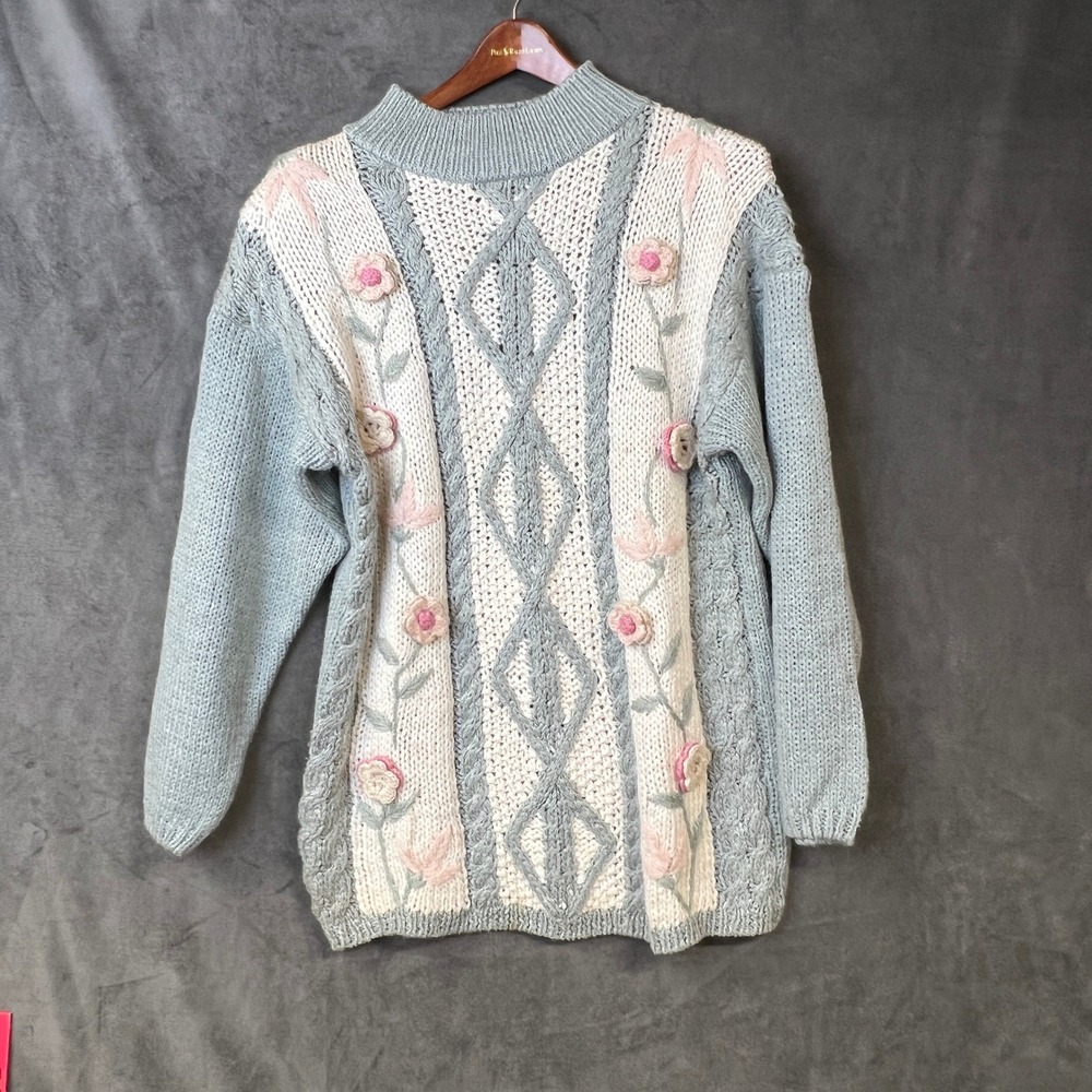 Needles‎ & Yarn Vintage Floral Knit Sweater Cottagecore Grannycore Pastel Blue L